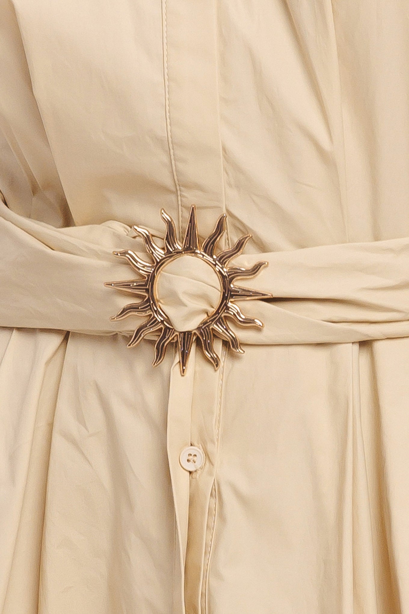 A solid woven midi dress featuring collar, cuffed short sleeve, hidden button down, self belt and full skirt

Details:

Self: 100% Cotton

Size & Fit

-Model is 5`8" And Wearing Size Small
-Measurements Taken From Size Small
-Approx. Length: 52"