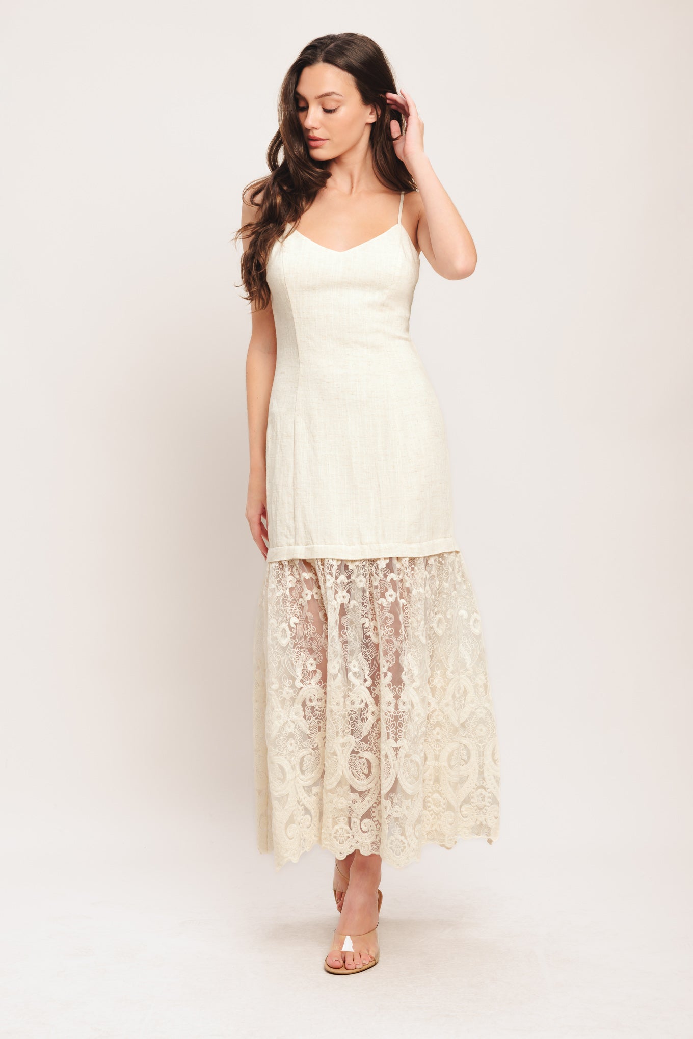 A solid woven and lace combination midi dress featuring cami bodice, lace bottom and back zipper closure

Details:

Self: 45% Linen 40% Cotton 15% Polyester

Contrast: 70% Cotton 30% Nylon

Lining: 100% Polyester

Size & Fit

-Model is 5`8" And Wearing Size Small
-Measurements Taken From Size Small
-Approx. Length: 54"