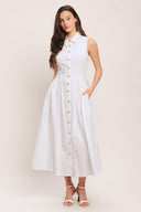 A solid woven midi dress featuring collar, sleeveless, jewel button down, self belt, side pocket and full skirt

Details:

Self: 100% Cotton

Lining: 100% Polyester

Size & Fit

-Model is 5`8" And Wearing Size Small
-Measurements Taken From Size Small
-Approx. Length: 50"