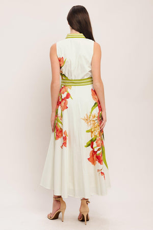 A printed woven midi dress featuring collar, sleeveless, front button down, self sash tie and circle skirt

Details:

Self: 100% Cotton

Lining: 100% Polyester

Size & Fit

-Model is 5`8" And Wearing Size Small
-Measurements Taken From Size Small
-Approx. Length: 50"