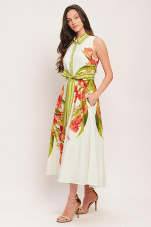 A printed woven midi dress featuring collar, sleeveless, front button down, self sash tie and circle skirt

Details:

Self: 100% Cotton

Lining: 100% Polyester

Size & Fit

-Model is 5`8" And Wearing Size Small
-Measurements Taken From Size Small
-Approx. Length: 50"