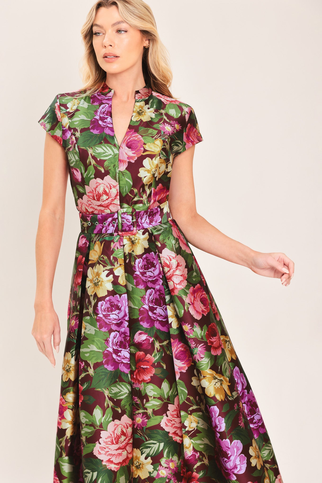 FRESH CANVAS FLORAL WOVEN MIDI DRESS, BURGUNDY / L