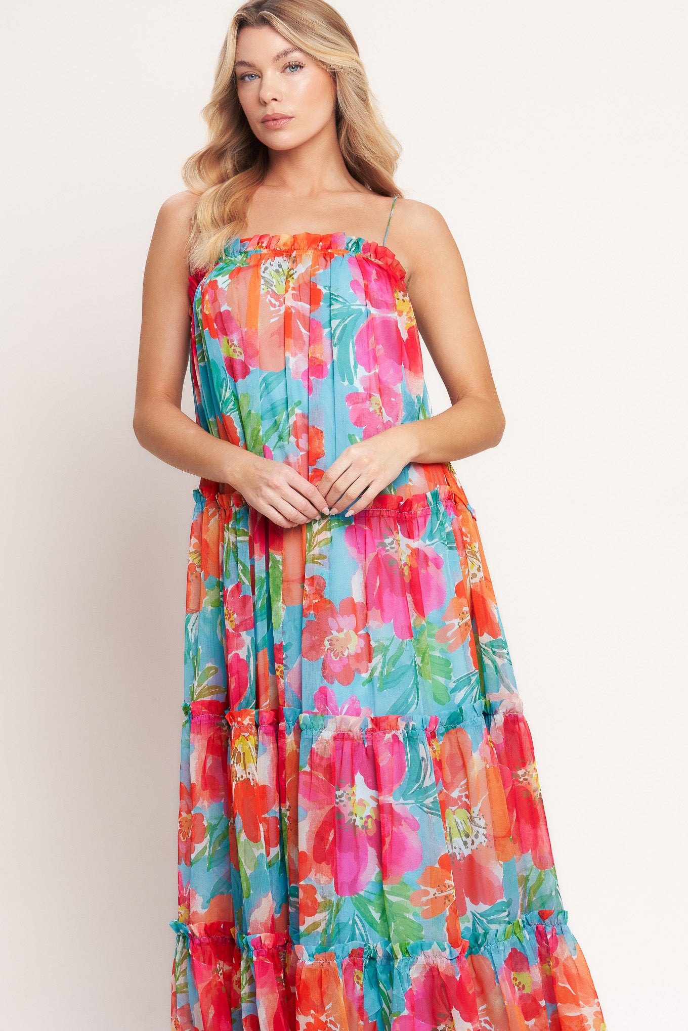 
A printed woven maxi dress featuring straight neckline with ruffled edge, straps and tiers with ruffle edge

Details:

Self : 100% Polyester
Lining : 100% Polyester

Size &amp; Fit

- Model is 5`8" And Wearing Size Small
- Measurements Taken From Size Small
- Approx. Length: 59"