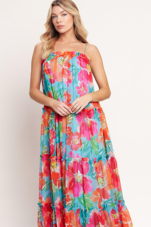 
A printed woven maxi dress featuring straight neckline with ruffled edge, straps and tiers with ruffle edge

Details:

Self : 100% Polyester
Lining : 100% Polyester

Size &amp; Fit

- Model is 5`8" And Wearing Size Small
- Measurements Taken From Size Small
- Approx. Length: 59"