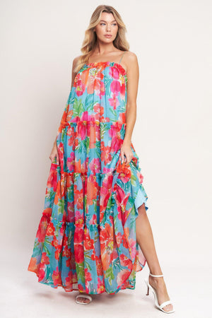 
A printed woven maxi dress featuring straight neckline with ruffled edge, straps and tiers with ruffle edge

Details:

Self : 100% Polyester
Lining : 100% Polyester

Size &amp; Fit

- Model is 5`8" And Wearing Size Small
- Measurements Taken From Size Small
- Approx. Length: 59"