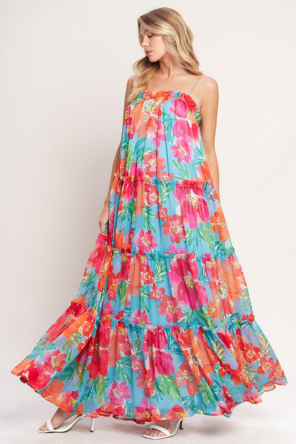 
A printed woven maxi dress featuring straight neckline with ruffled edge, straps and tiers with ruffle edge

Details:

Self : 100% Polyester
Lining : 100% Polyester

Size &amp; Fit

- Model is 5`8" And Wearing Size Small
- Measurements Taken From Size Small
- Approx. Length: 59"