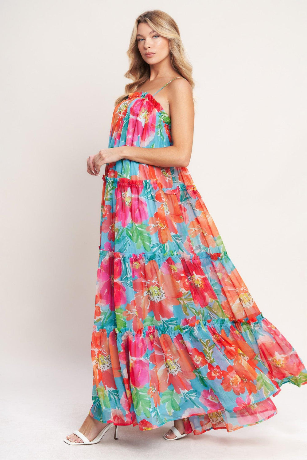 
A printed woven maxi dress featuring straight neckline with ruffled edge, straps and tiers with ruffle edge

Details:

Self : 100% Polyester
Lining : 100% Polyester

Size &amp; Fit

- Model is 5`8" And Wearing Size Small
- Measurements Taken From Size Small
- Approx. Length: 59"