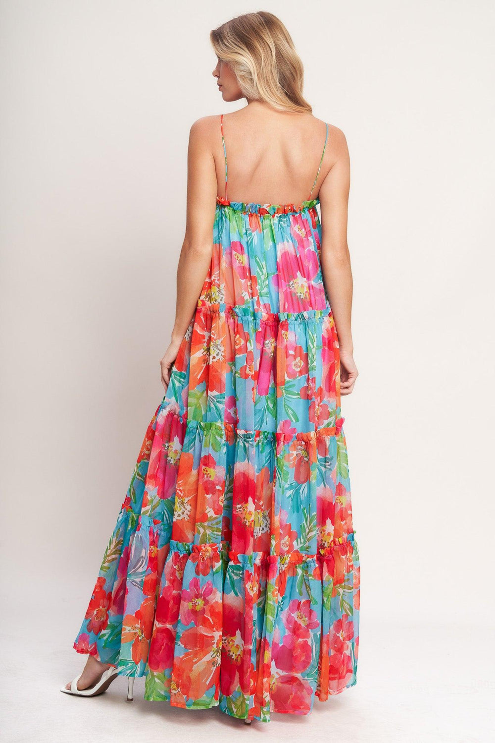 
A printed woven maxi dress featuring straight neckline with ruffled edge, straps and tiers with ruffle edge

Details:

Self : 100% Polyester
Lining : 100% Polyester

Size &amp; Fit

- Model is 5`8" And Wearing Size Small
- Measurements Taken From Size Small
- Approx. Length: 59"