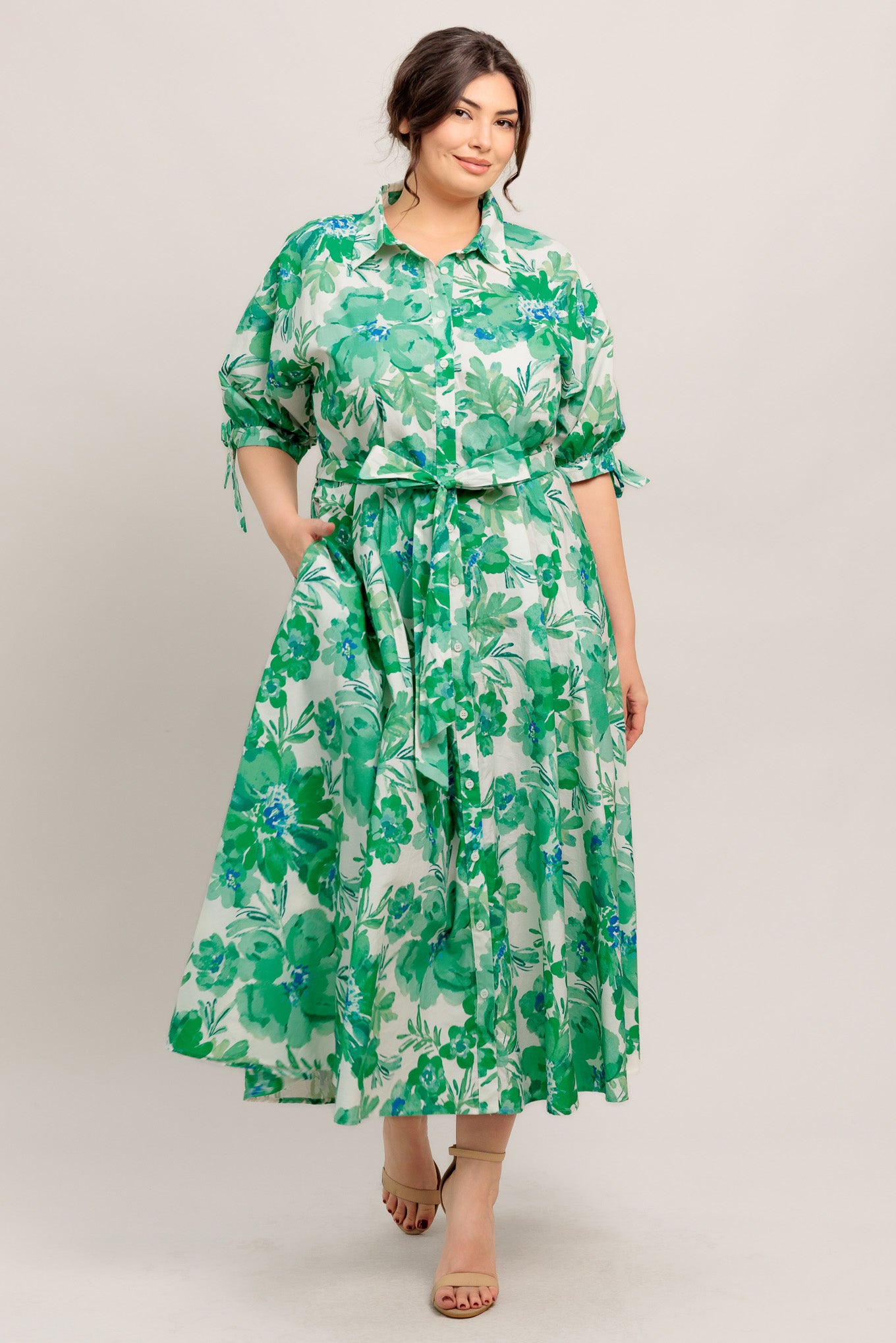 
A printed woven midi shirt dress with collar, cuff tie, self sash tie, button down and circle skirt

Details:

Self : 100% Cotton

Size &amp; Fit

- Model is 5`8" And Wearing Size Small
- Measurements Taken From Size Small
- Approx. Length: 51" FLYING TOMA