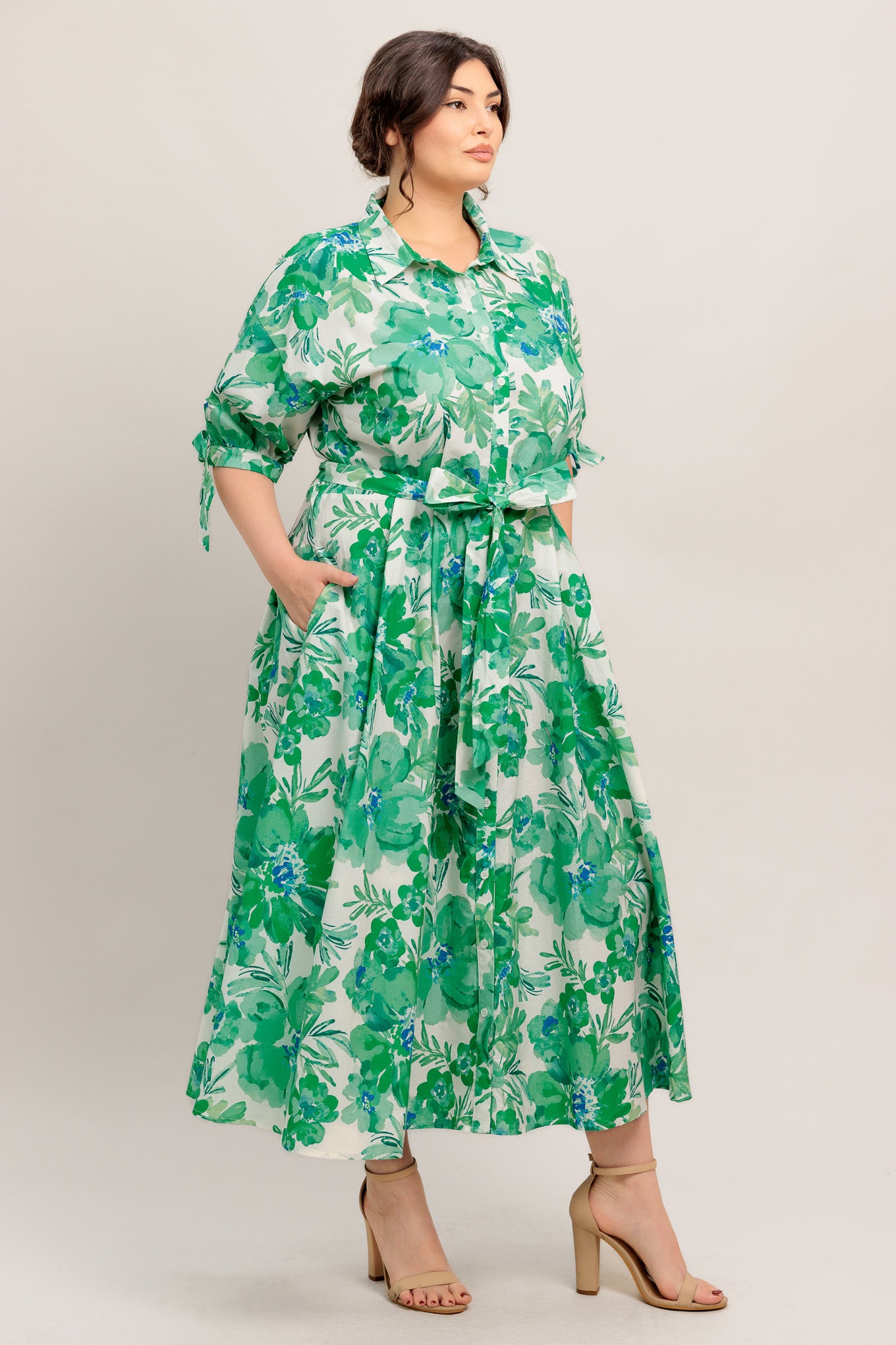 
A printed woven midi shirt dress with collar, cuff tie, self sash tie, button down and circle skirt

Details:

Self : 100% Cotton

Size &amp; Fit

- Model is 5`8" And Wearing Size Small
- Measurements Taken From Size Small
- Approx. Length: 51" FLYING TOMA