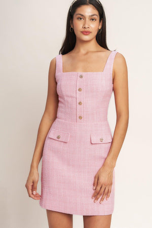 
A woven tweed mini dress featuring square neckline, sleeveless, front button detail and back zipper closure

Details:

Self : 100% Polyester
Lining: 100% Polyester

Size &amp; Fit

- Model is 5`8" And Wearing Size Small
- Measurements Taken From Size Small
- Approx. Length: 35" Flying Tomato