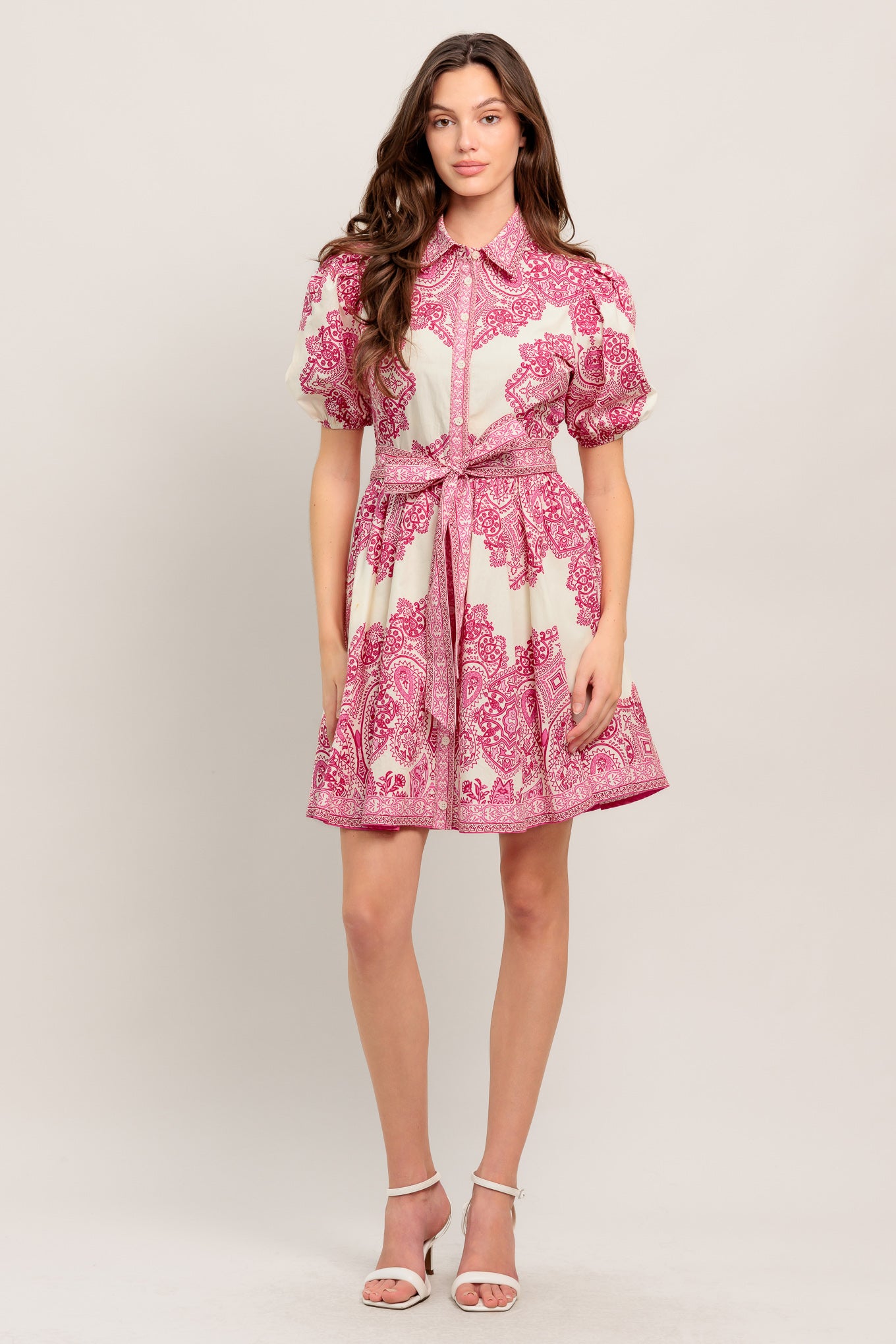 Pink paisley print dress with short sleeves, button front, and waist tie

Details:

Self: 100% Cotton
Lining: 100% Polyester

Size & Fit

- Model is 5`8" And Wearing Size Small
- Measurements Taken From Size Small
- Approx. Length: 37"