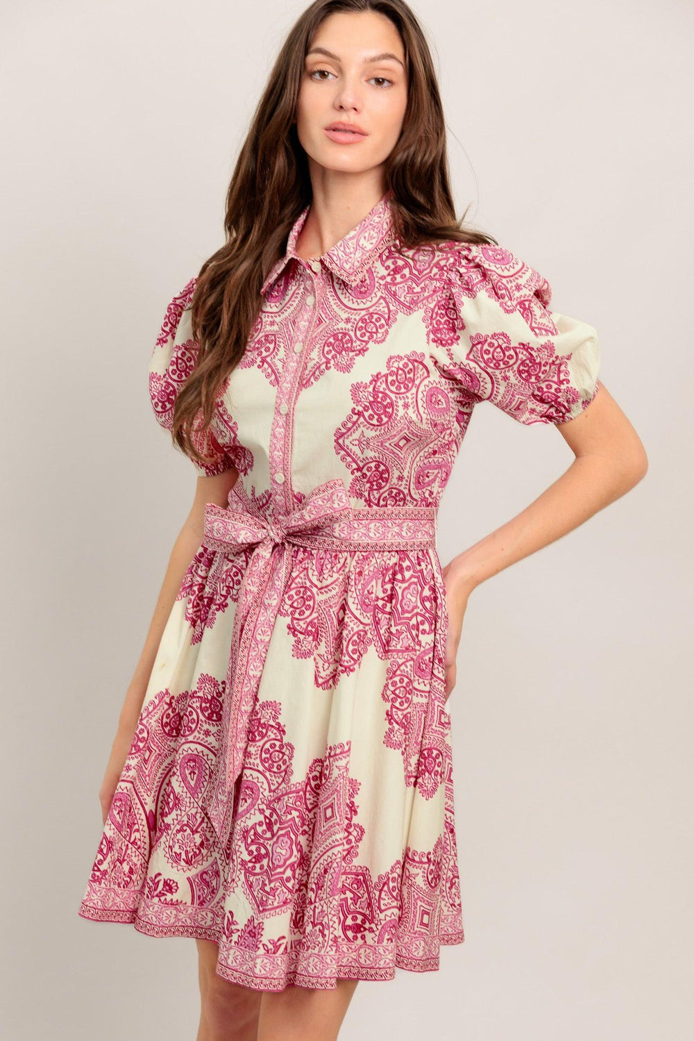 TEA AT NOON PAISLEY WOVEN MINI DRESS.