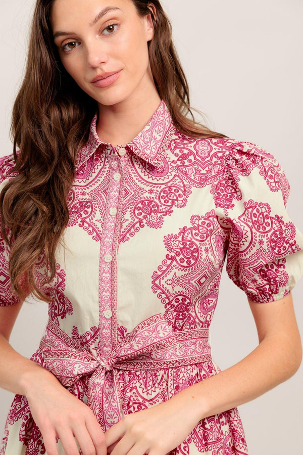 TEA AT NOON PAISLEY WOVEN MINI DRESS.