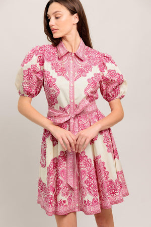 TEA AT NOON PAISLEY WOVEN MINI DRESS.