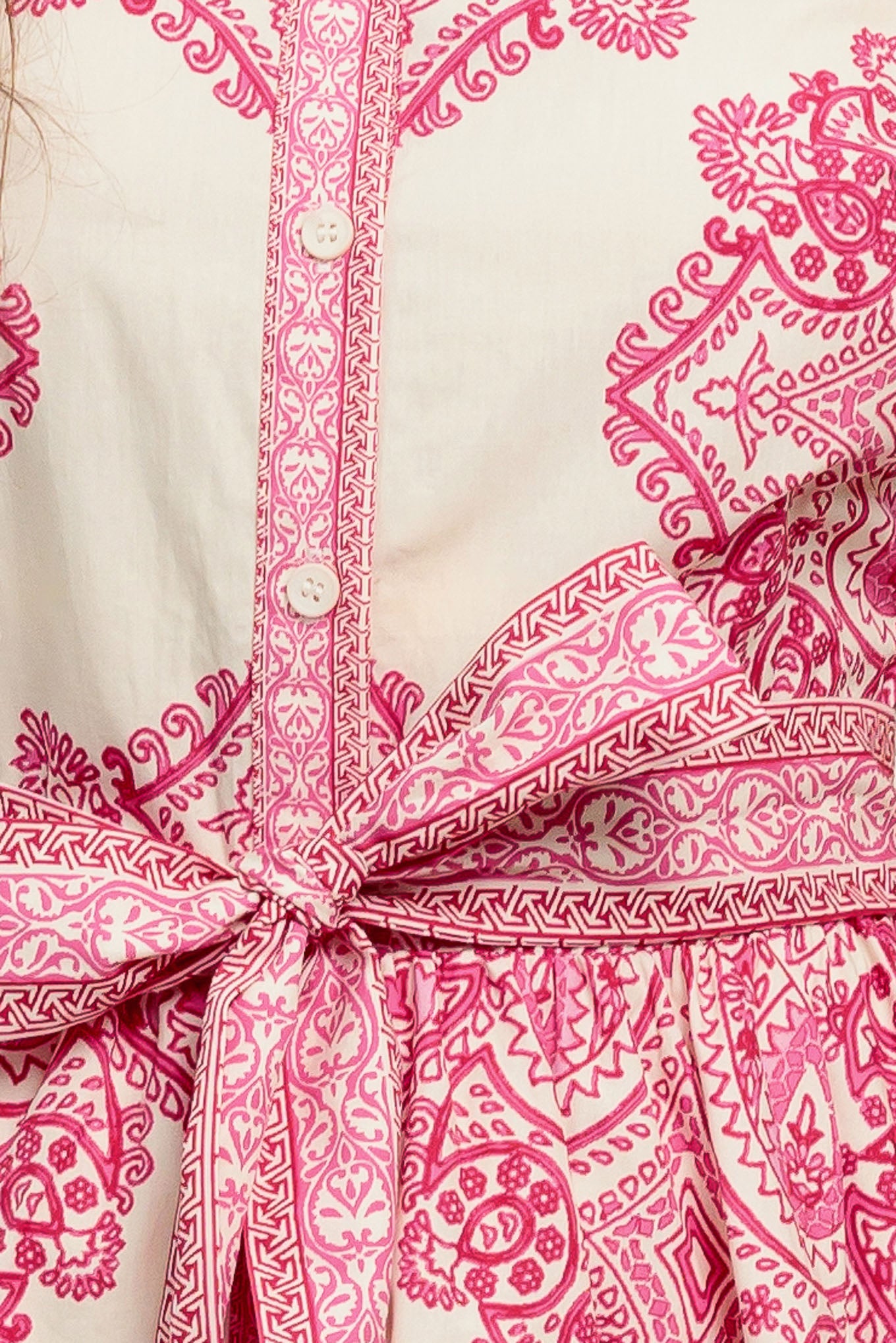 Pink paisley print dress with short sleeves, button front, and waist tie

Details:

Self: 100% Cotton
Lining: 100% Polyester

Size & Fit

- Model is 5`8" And Wearing Size Small
- Measurements Taken From Size Small
- Approx. Length: 37"