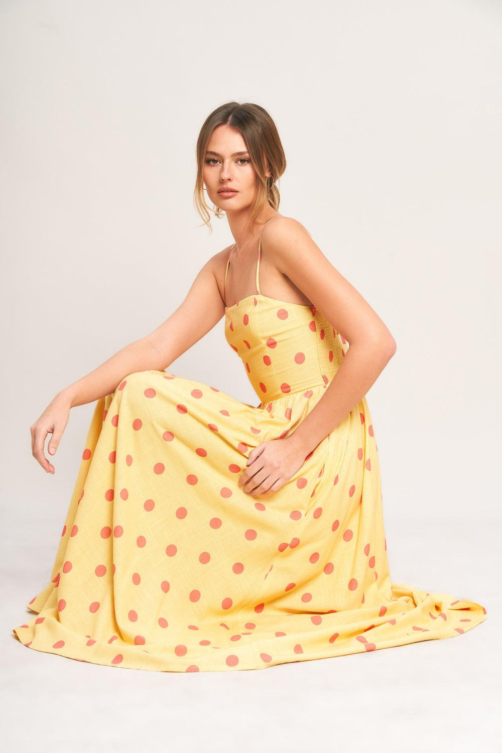 GOLDEN SUMMER POLKA WOVEN MIDI DRESS.