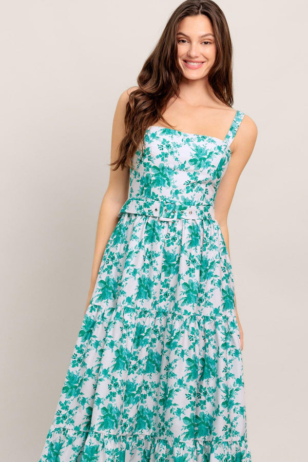 
A printed woven maxi dress featuring straight neckline, straps, self belt, tiered skirt and smocked back bodice

Details:

Self : 100% Cotton
Lining : 100% Polyester

Size &amp; Fit

- Model is 5`8" And Wearing Size Small
- Measurements Taken From Size Small
- Approx. Length: 57" Flying Tomato