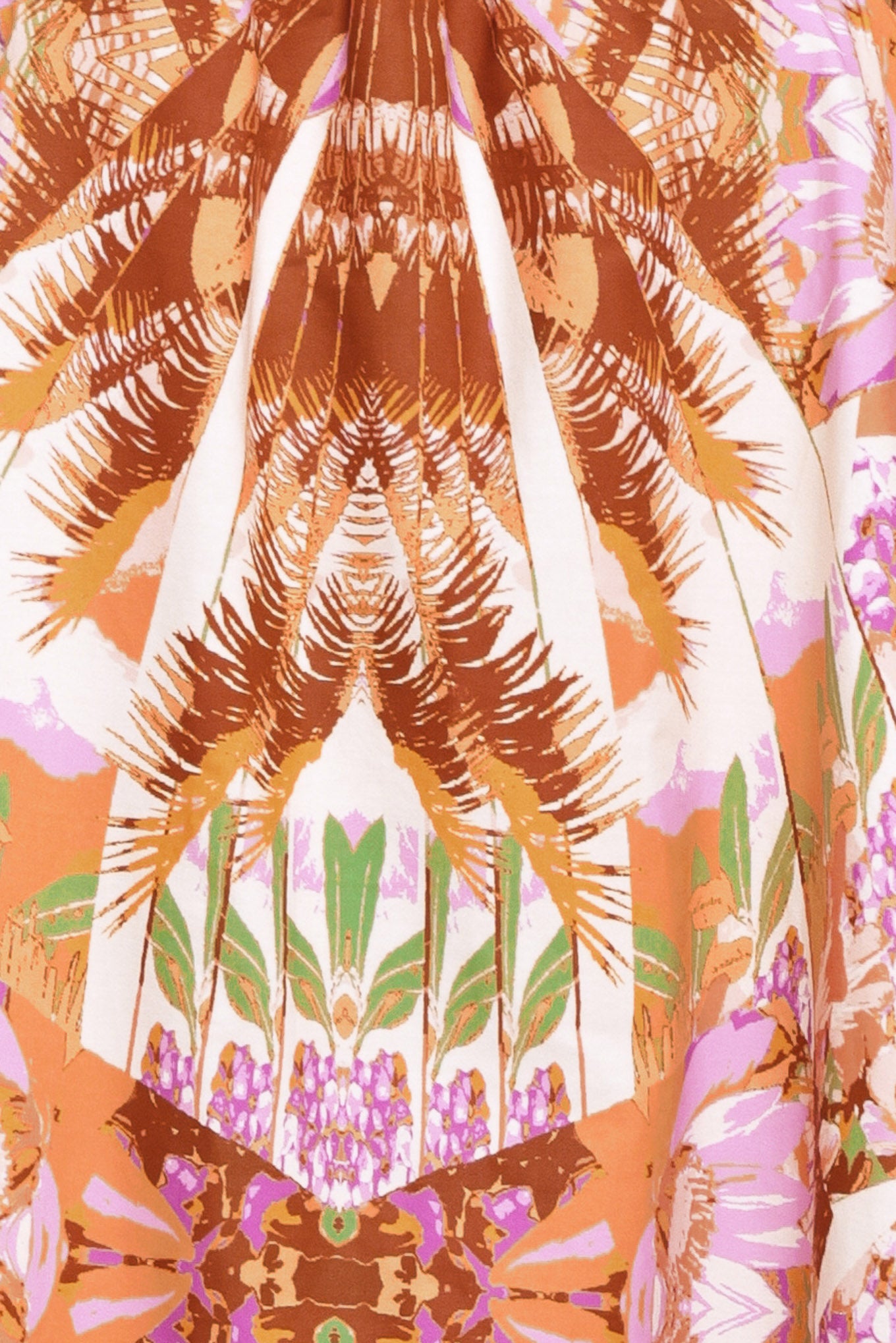 Woman wearing a maxi, patterned, multicolored orange and pink dress | Flying Tomato