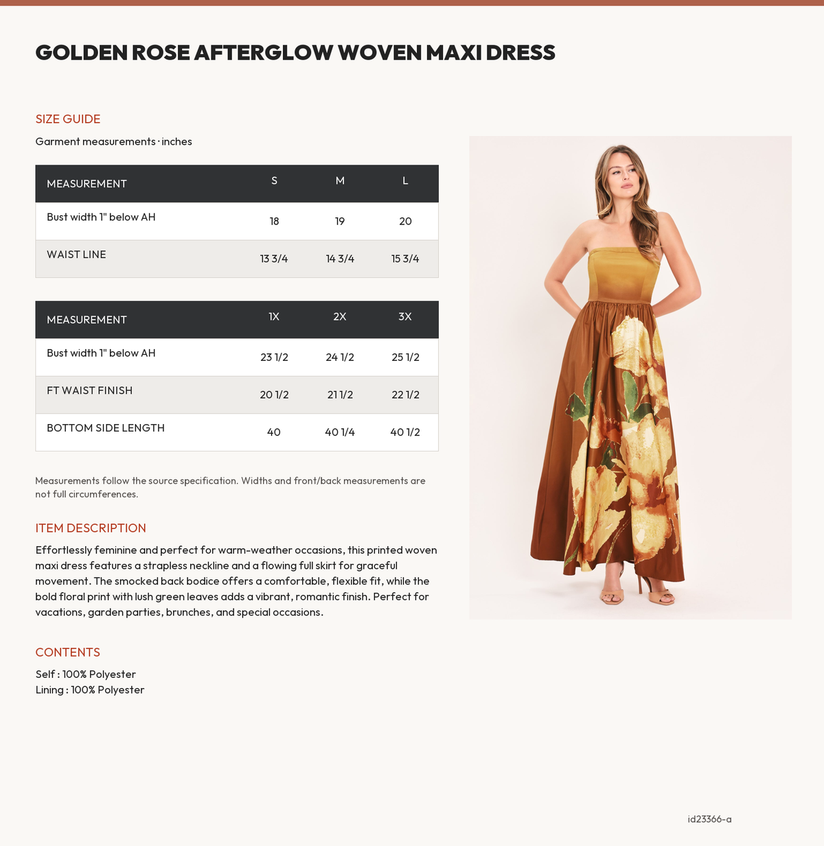 GOLDEN ROSE AFTERGLOW WOVEN MAXI DRESS size chart