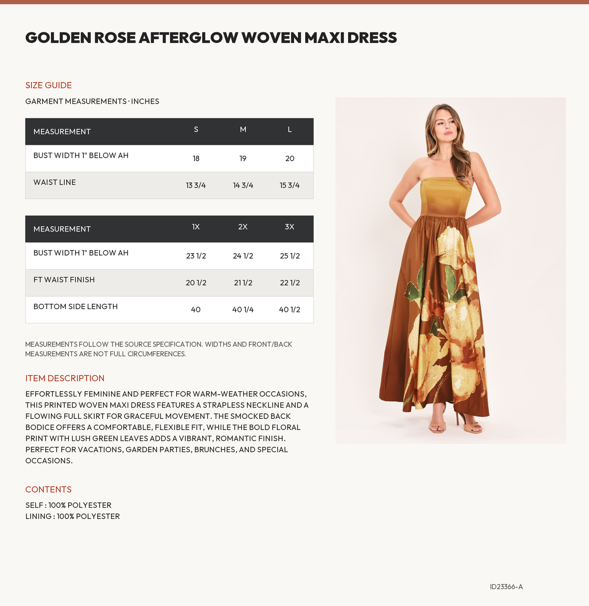 GOLDEN ROSE AFTERGLOW WOVEN MAXI DRESS size chart