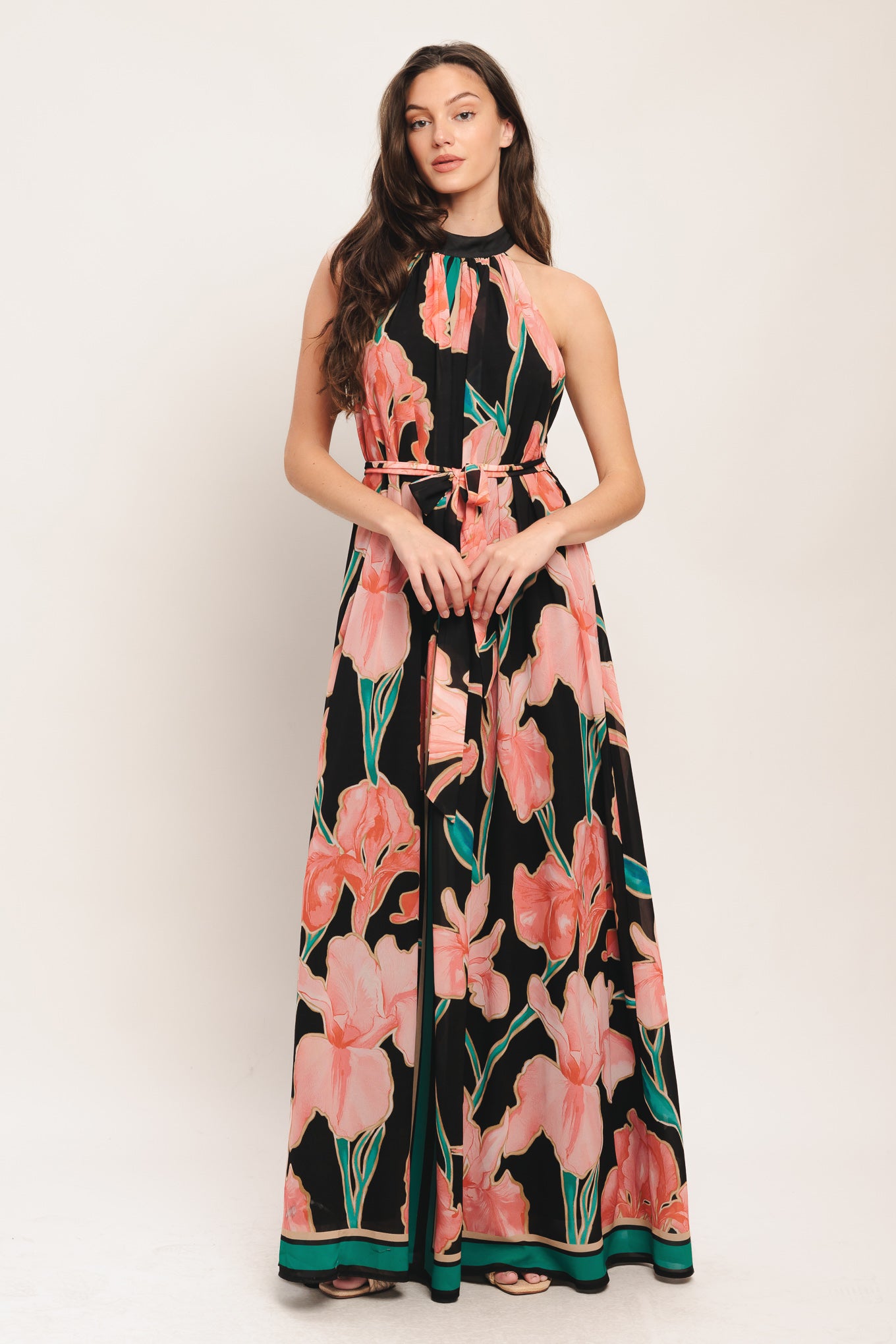 A printed woven maxi dress featuring halter neckline, contrasting belt and back neck button closure

Details:

Self: 100% Polyester

Lining: 100% Polyester

Size & Fit

-Model is 5`8" And Wearing Size Small
-Measurements Taken From Size Small
-Approx. Length: 62"