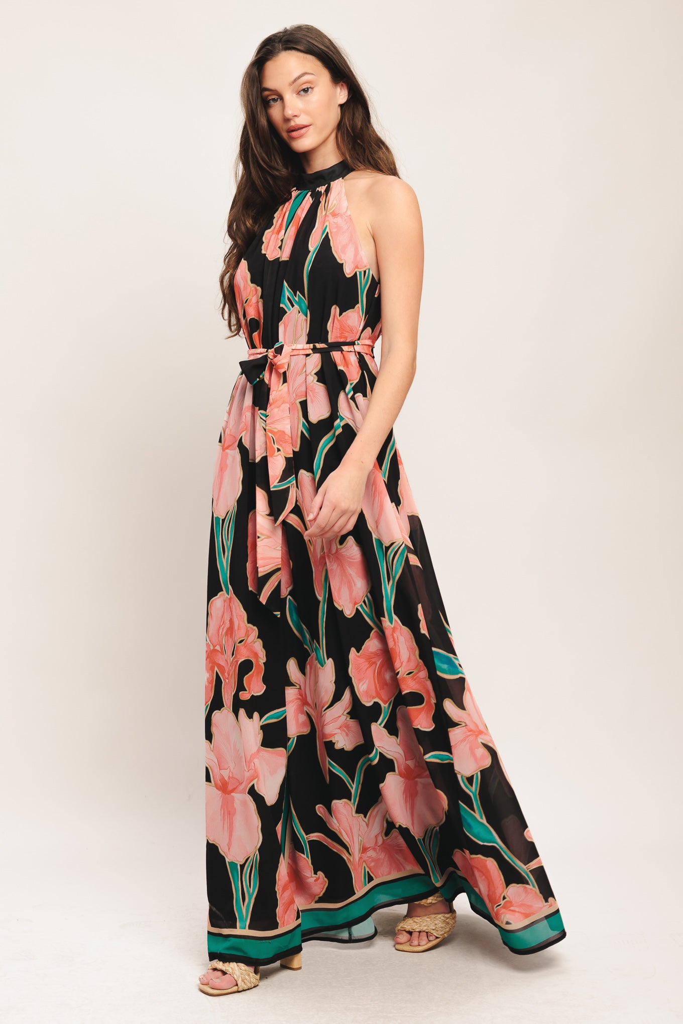 A printed woven maxi dress featuring halter neckline, contrasting belt and back neck button closure

Details:

Self: 100% Polyester

Lining: 100% Polyester

Size & Fit

-Model is 5`8" And Wearing Size Small
-Measurements Taken From Size Small
-Approx. Length: 62"
