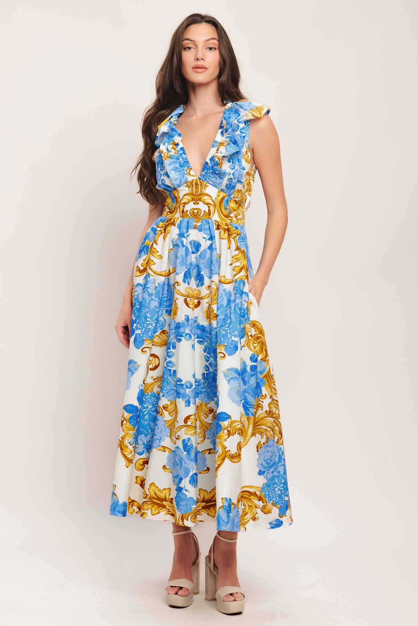A printed woven midi dress featuring V neckline, ruffle collar, waist yoke, full skirt and smocked back waistband

Details:

Self: 100% Cotton

Size & Fit

-Model is 5`8" And Wearing Size Small
-Measurements Taken From Size Small
-Approx. Length: 53"