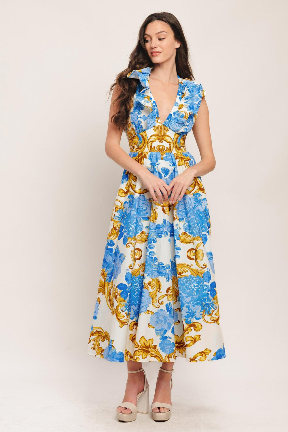 A printed woven midi dress featuring V neckline, ruffle collar, waist yoke, full skirt and smocked back waistband

Details:

Self: 100% Cotton

Size & Fit

-Model is 5`8" And Wearing Size Small
-Measurements Taken From Size Small
-Approx. Length: 53"