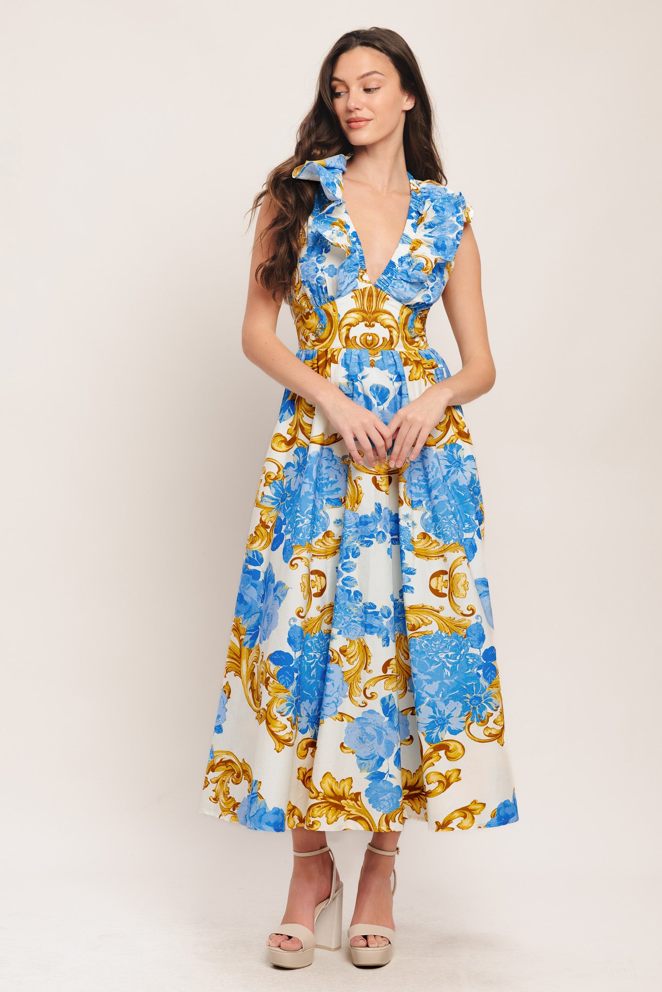A printed woven midi dress featuring V neckline, ruffle collar, waist yoke, full skirt and smocked back waistband

Details:

Self: 100% Cotton

Size & Fit

-Model is 5`8" And Wearing Size Small
-Measurements Taken From Size Small
-Approx. Length: 53"