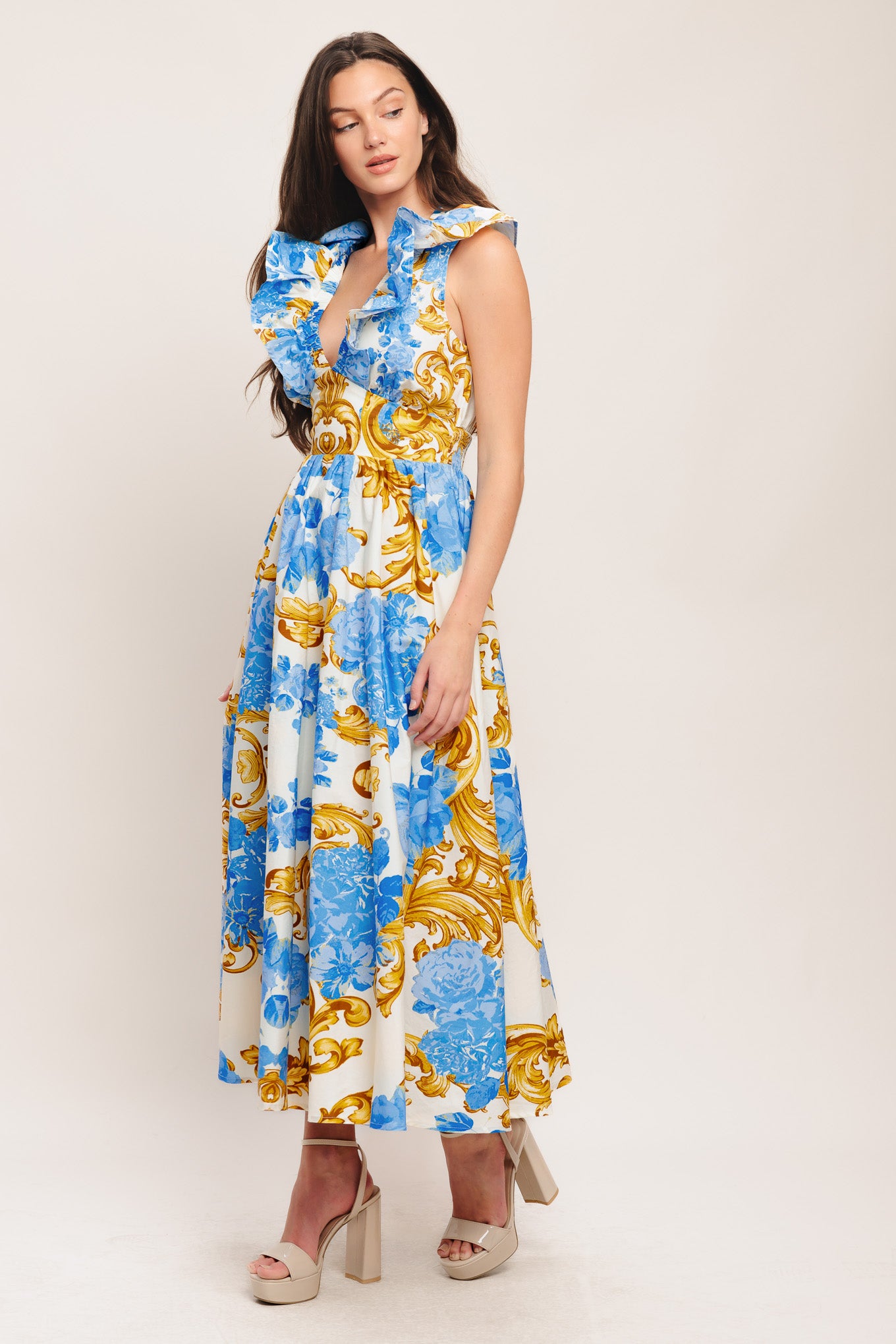 A printed woven midi dress featuring V neckline, ruffle collar, waist yoke, full skirt and smocked back waistband

Details:

Self: 100% Cotton

Size & Fit

-Model is 5`8" And Wearing Size Small
-Measurements Taken From Size Small
-Approx. Length: 53"