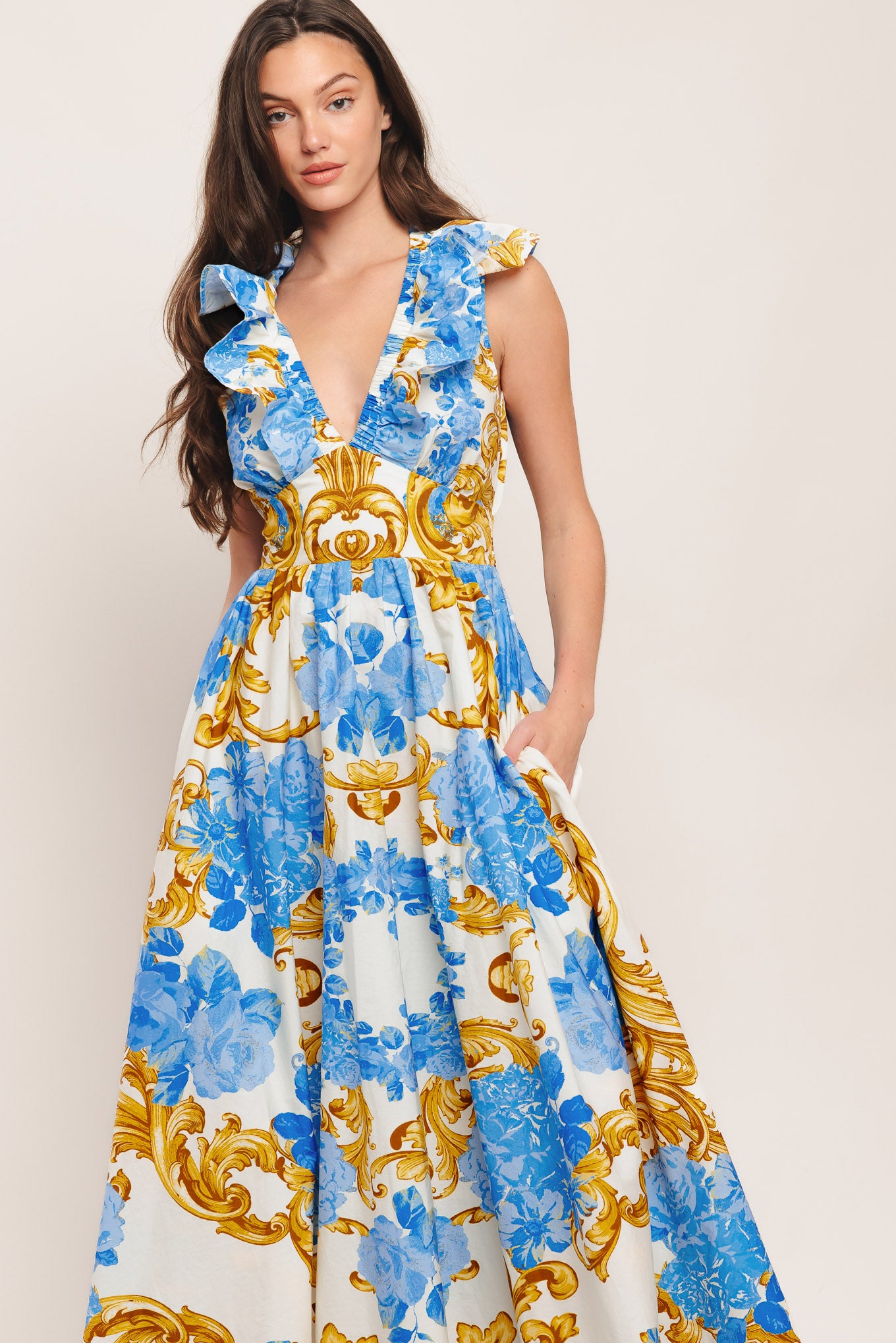 A printed woven midi dress featuring V neckline, ruffle collar, waist yoke, full skirt and smocked back waistband

Details:

Self: 100% Cotton

Size & Fit

-Model is 5`8" And Wearing Size Small
-Measurements Taken From Size Small
-Approx. Length: 53"