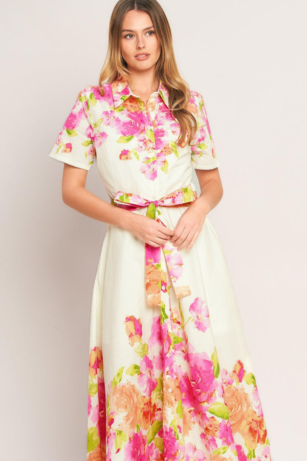 PEONY BLOOM WOVEN MIDI DRESS.