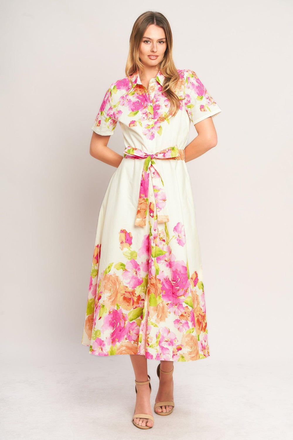 PEONY BLOOM WOVEN MIDI DRESS.