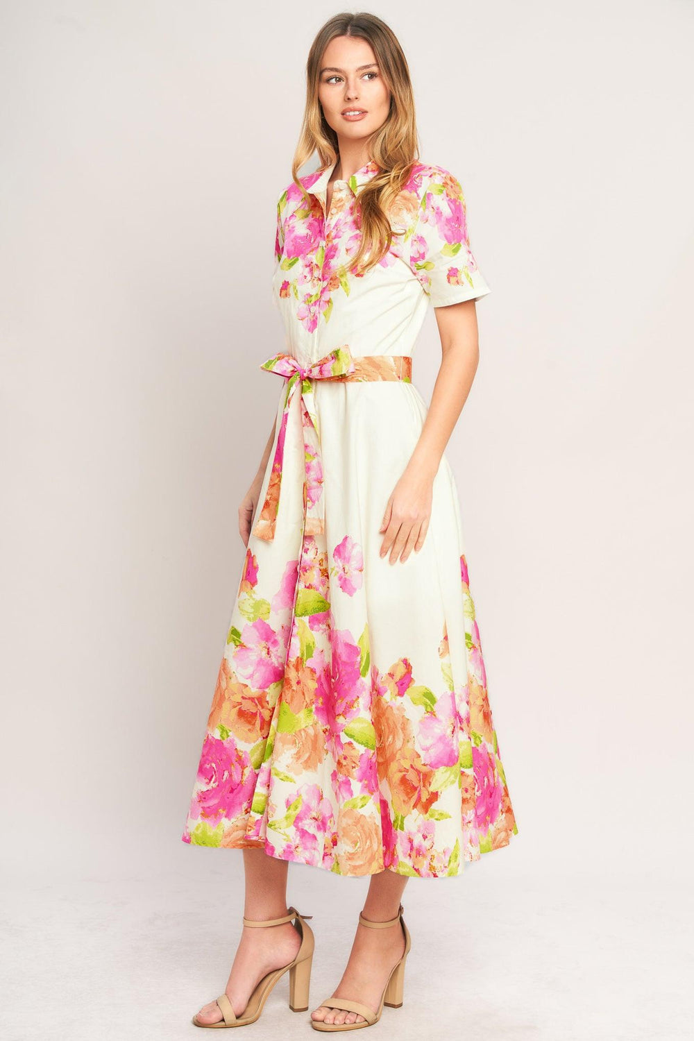 PEONY BLOOM WOVEN MIDI DRESS.