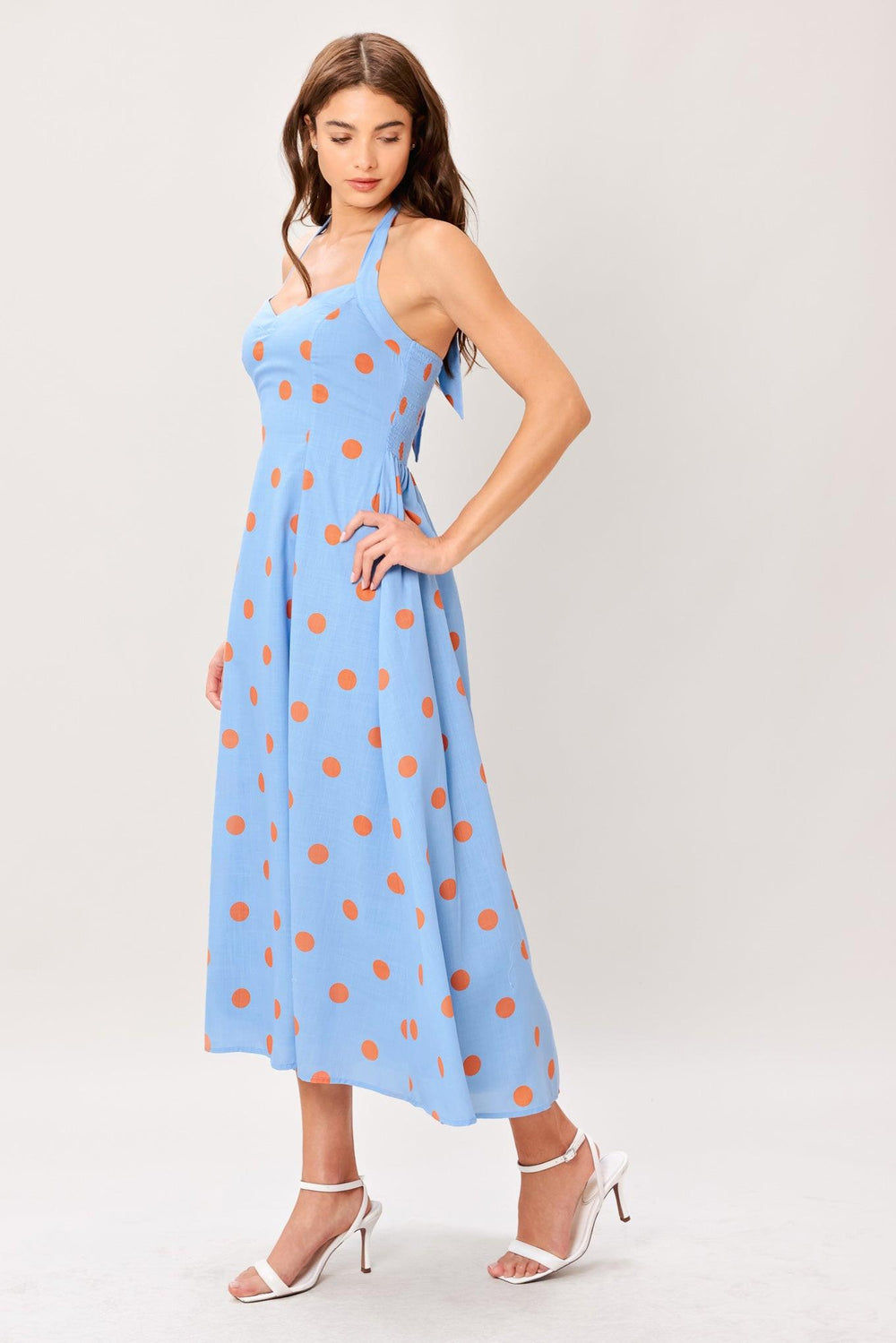 COTTON CANDY SKY DOT WOVEN MIDI DRESS.