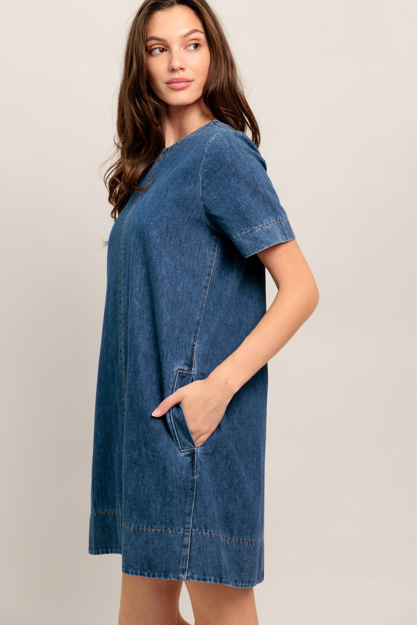 Short-sleeve denim shift dress with front seam and pockets

Details:

Self : 90% Cotton 10% Polyester

Size & Fit

- Model is 5`8" And Wearing Size Small
- Measurements Taken From Size Small
- Approx. Length: 34"