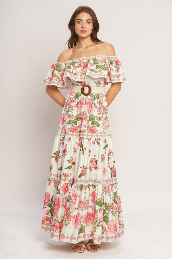 SWEET ESCAPE OFF SHOULDER MAXI DRESS.