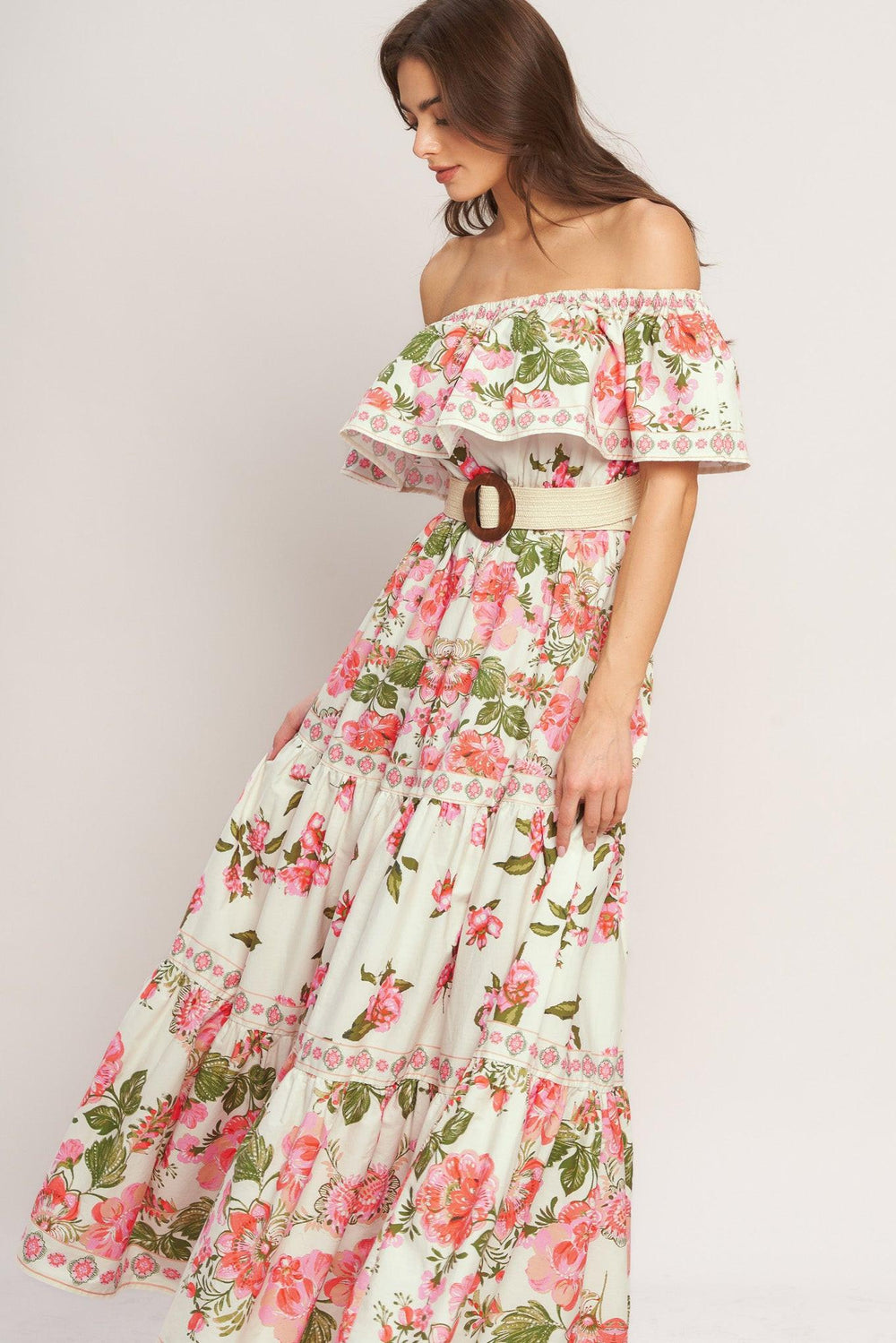 SWEET ESCAPE OFF SHOULDER MAXI DRESS.