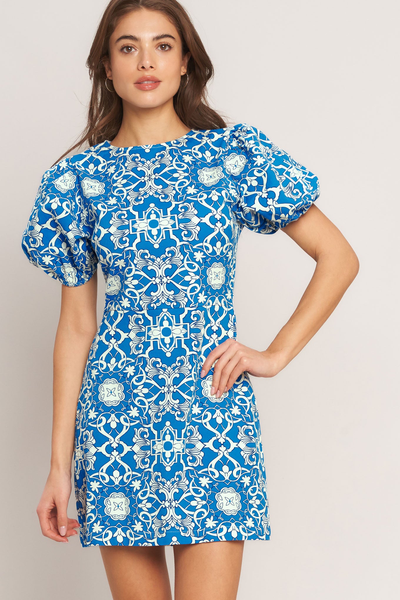 A printed woven mini dress featuring round neckline, short puff sleeve and back zipper closure
