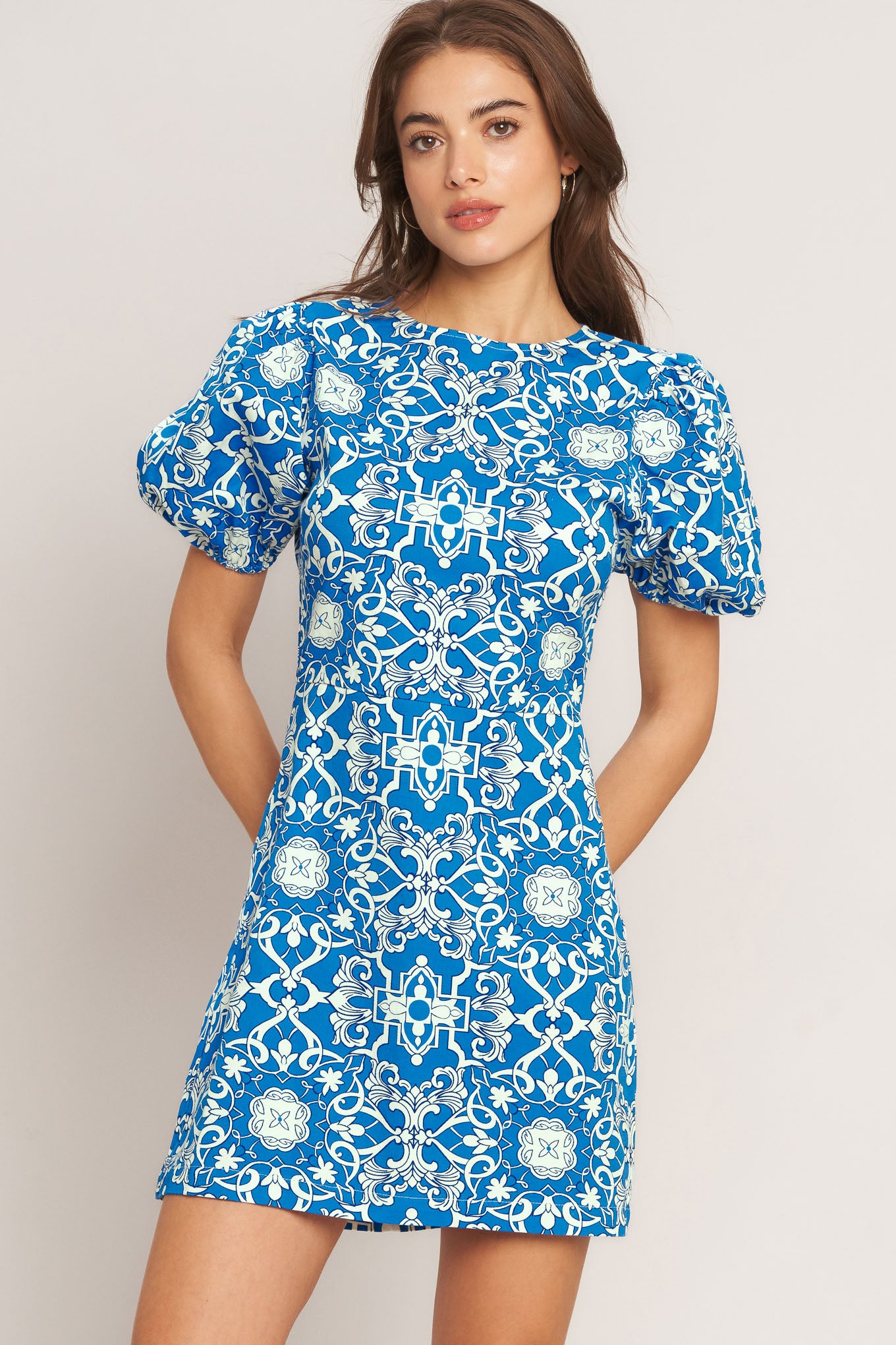 A printed woven mini dress featuring round neckline, short puff sleeve and back zipper closure