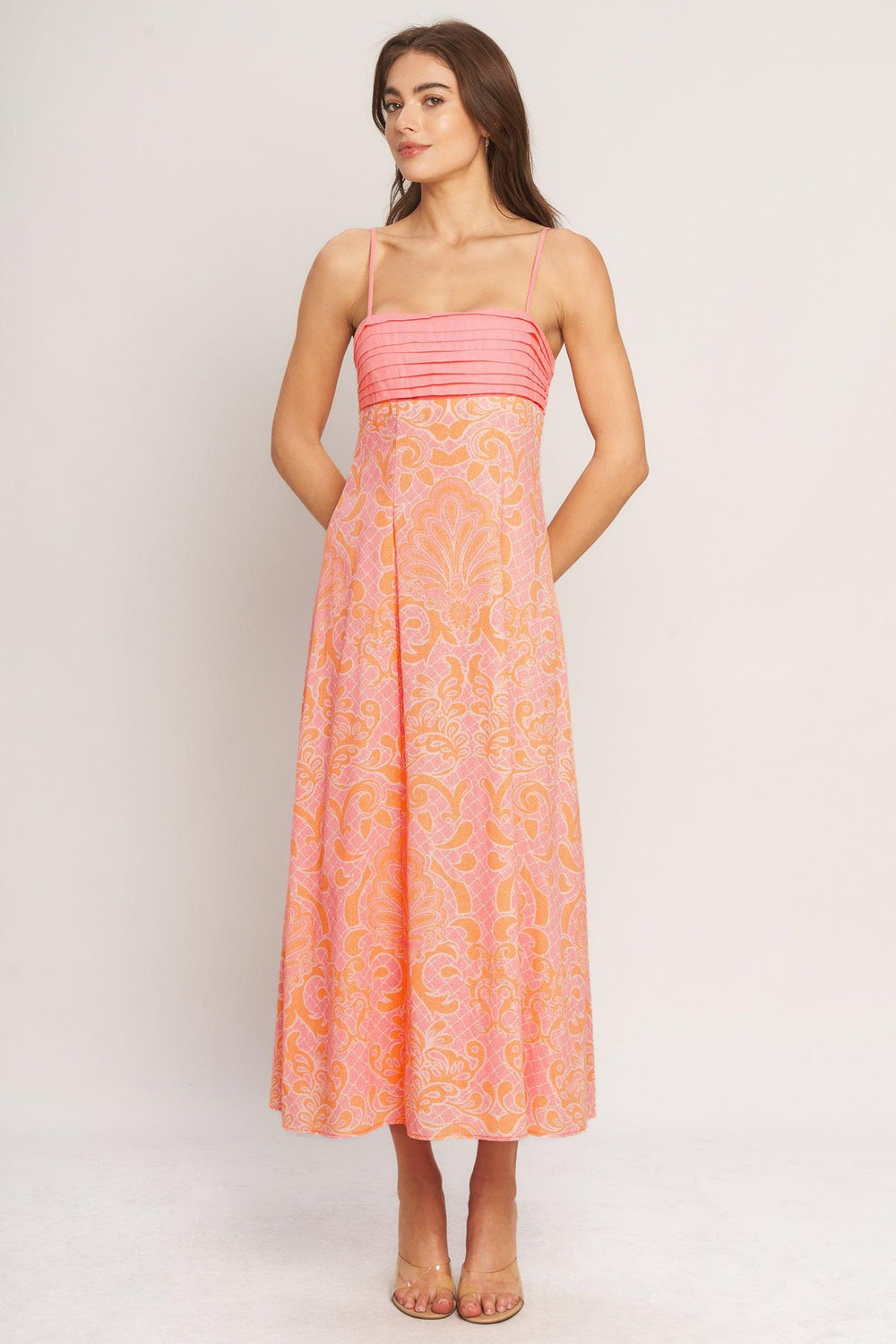 ISLAND SUNSET CHARM WOVEN MIDI DRESS.