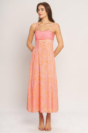 ISLAND SUNSET CHARM WOVEN MIDI DRESS.