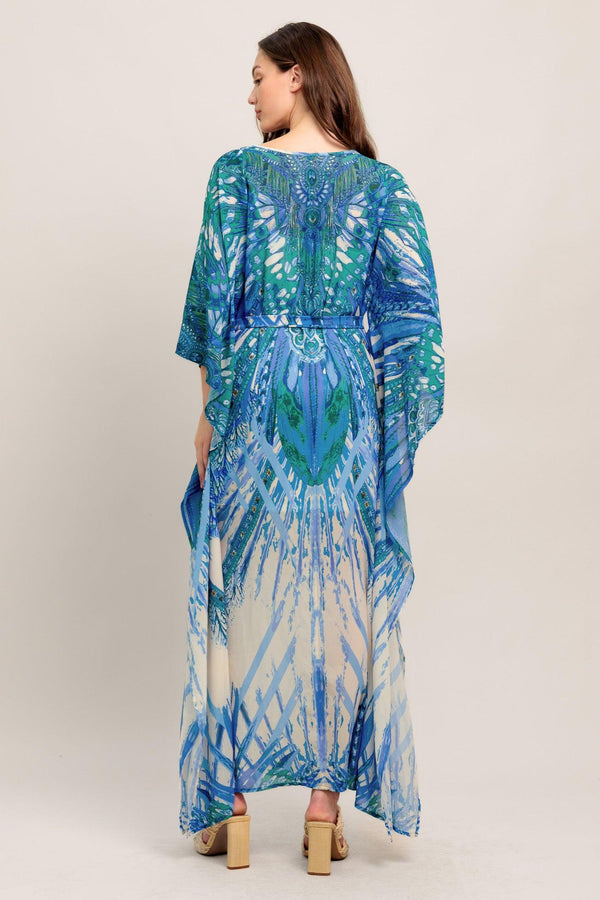 
A printed woven kaftan featuring round neckline with front tie/tassel and self sash tie

Details:

Self : 100% Polyester
Lining : 100% Polyester

Size &amp; Fit

- Model is 5`8" And Wearing Size Small
- Measurements Taken From Size Small
- Approx. Length: 60" FLYING TOMATO