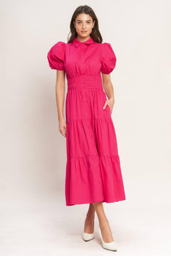 SUGAR CLOUD WOVEN MIDI DRESS.