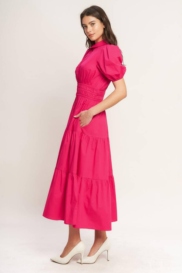 SUGAR CLOUD WOVEN MIDI DRESS.