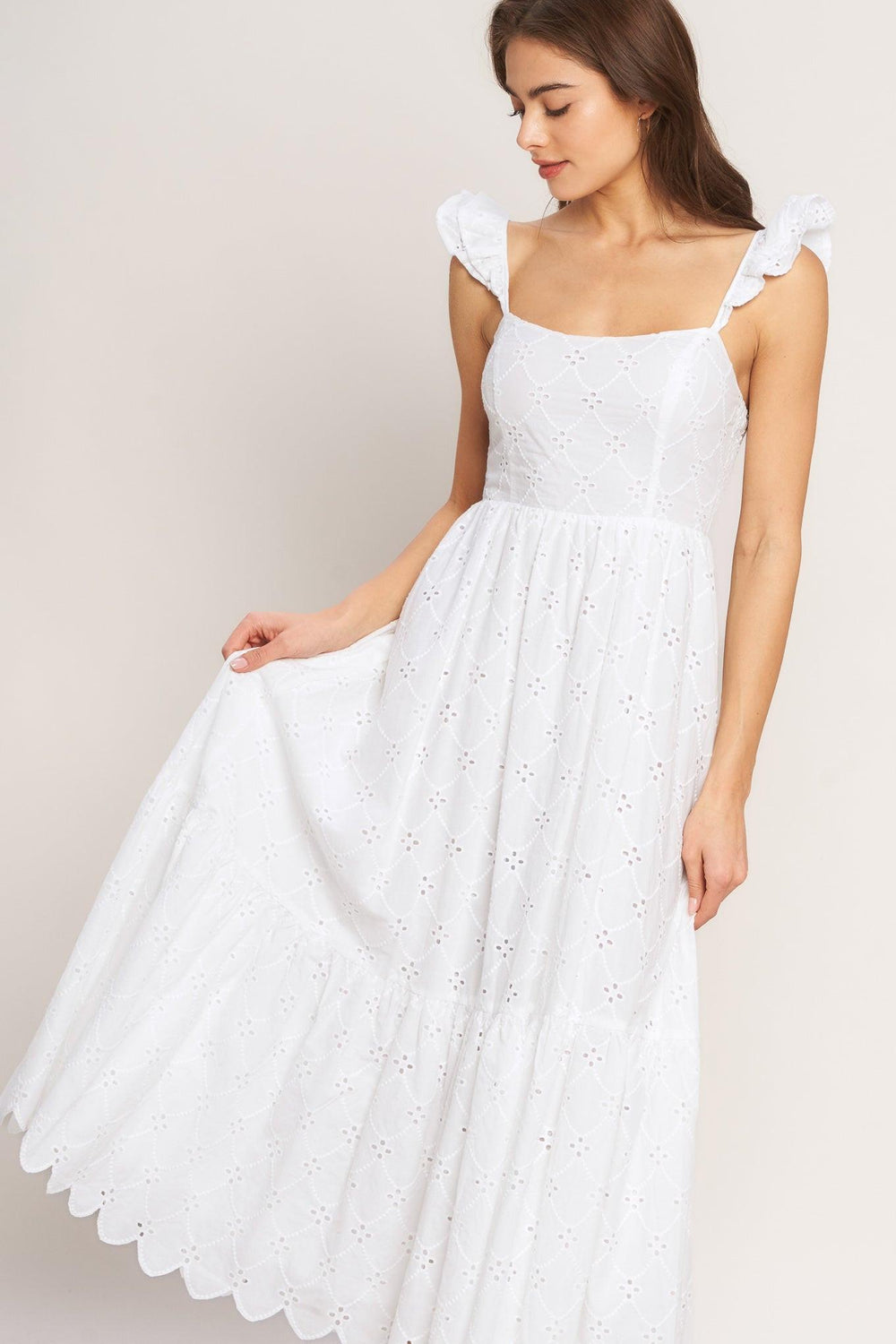SWEET ESCAPE WOVEN EYELET MIDI DRESS.
