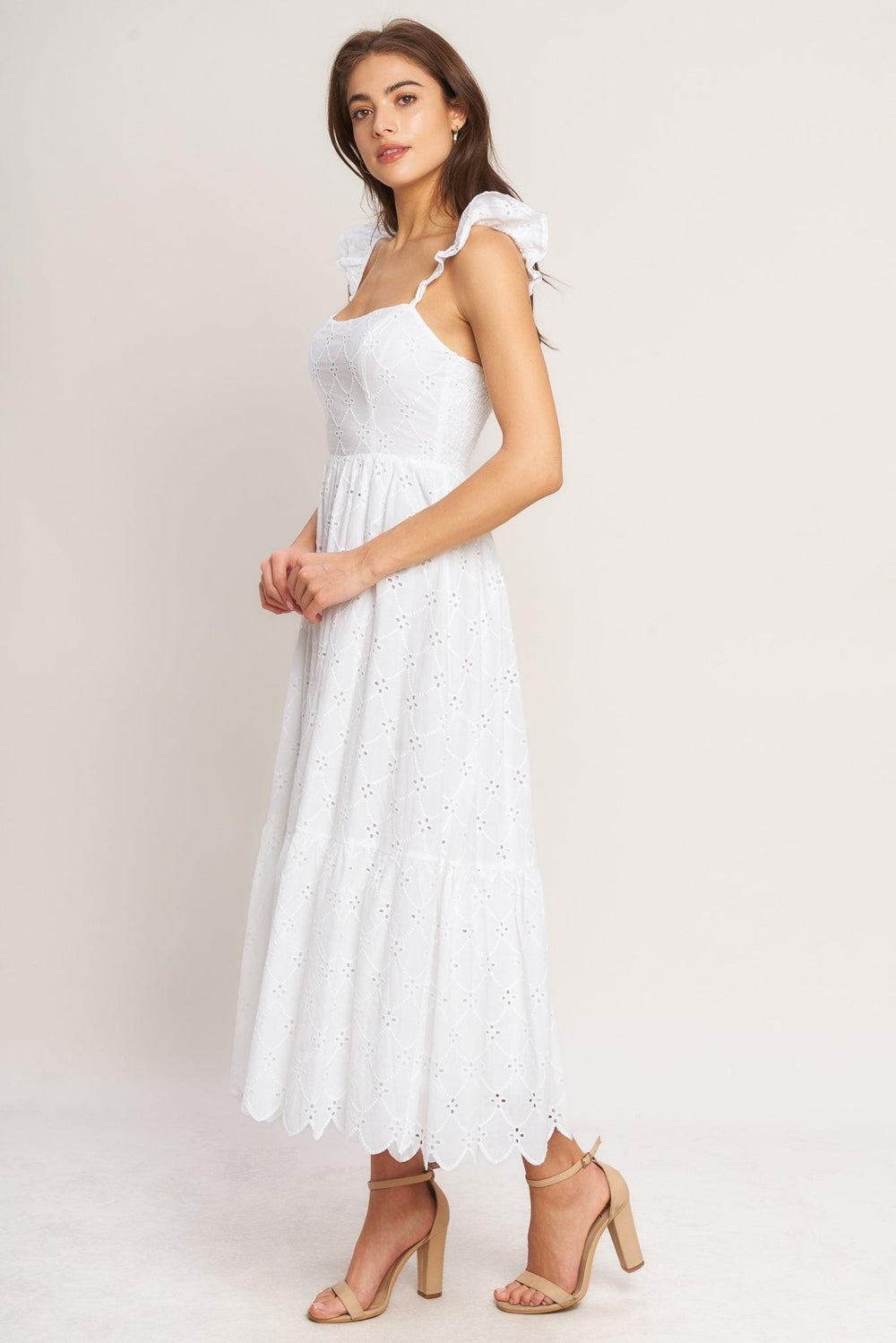 SWEET ESCAPE WOVEN EYELET MIDI DRESS.