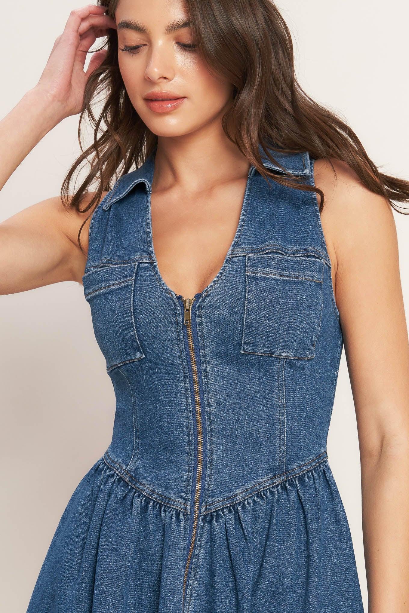 INDIGO FLOW DENIM MIDI DRESS.