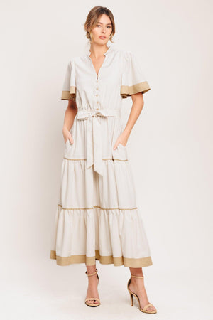 PARIS MORNING TAUPE WOVEN MIDI DRESS.